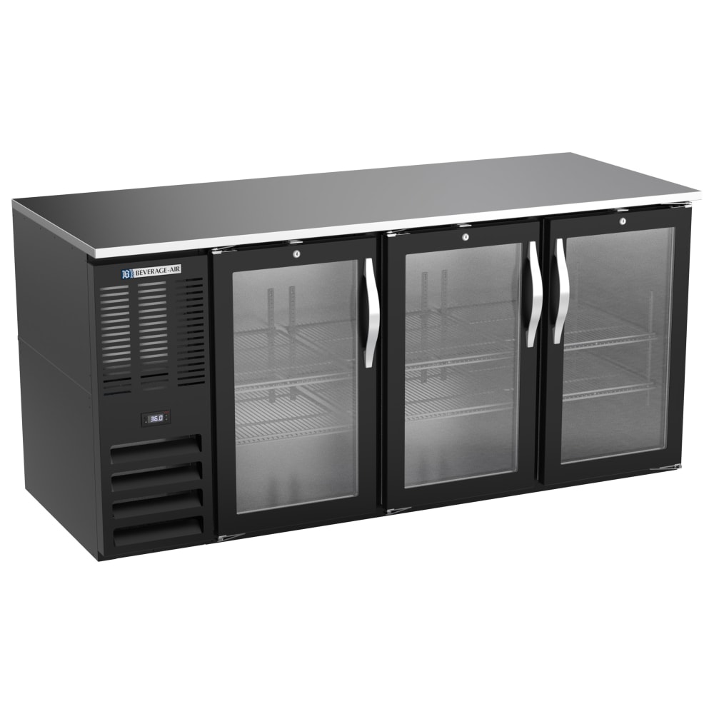 Beverage-Air BB72HC-FG-B 72" Bar Refrigerator - 3 Swinging Glass Doors, Black, 115v