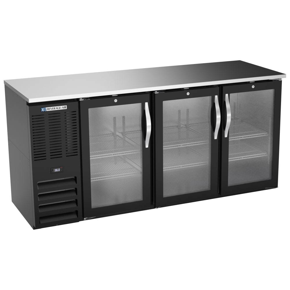 Beverage-Air BBN72HC-FG-B 72" Bar Refrigerator - 3 Swinging Glass Doors, Black, 115v