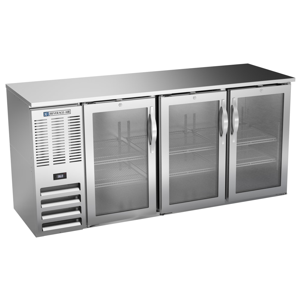 Beverage-Air BBN72HC-FG-S 72" Bar Refrigerator - 3 Swinging Glass Doors, Stainless, 115v
