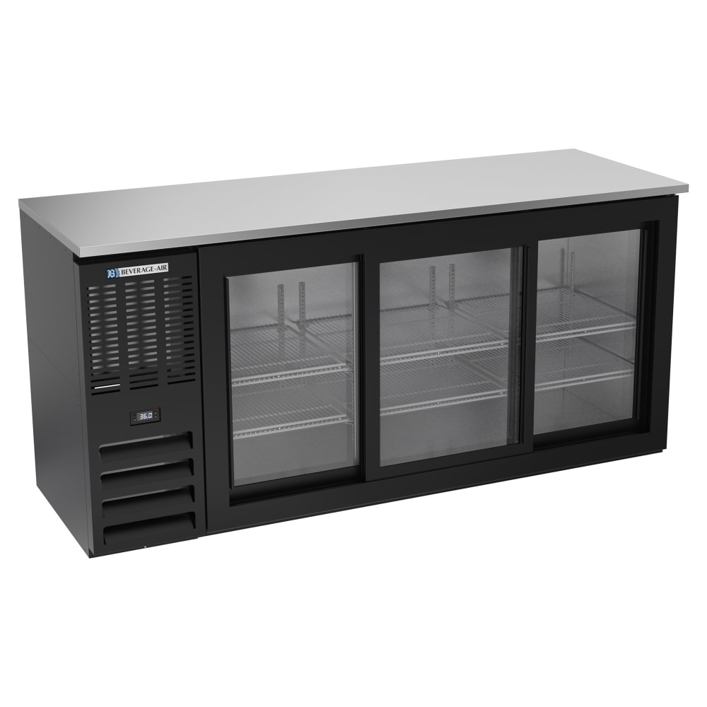 Beverage-Air BBN72HC-F-GS-B 72" Bar Refrigerator - 3 Sliding Glass Doors, Black, 115v