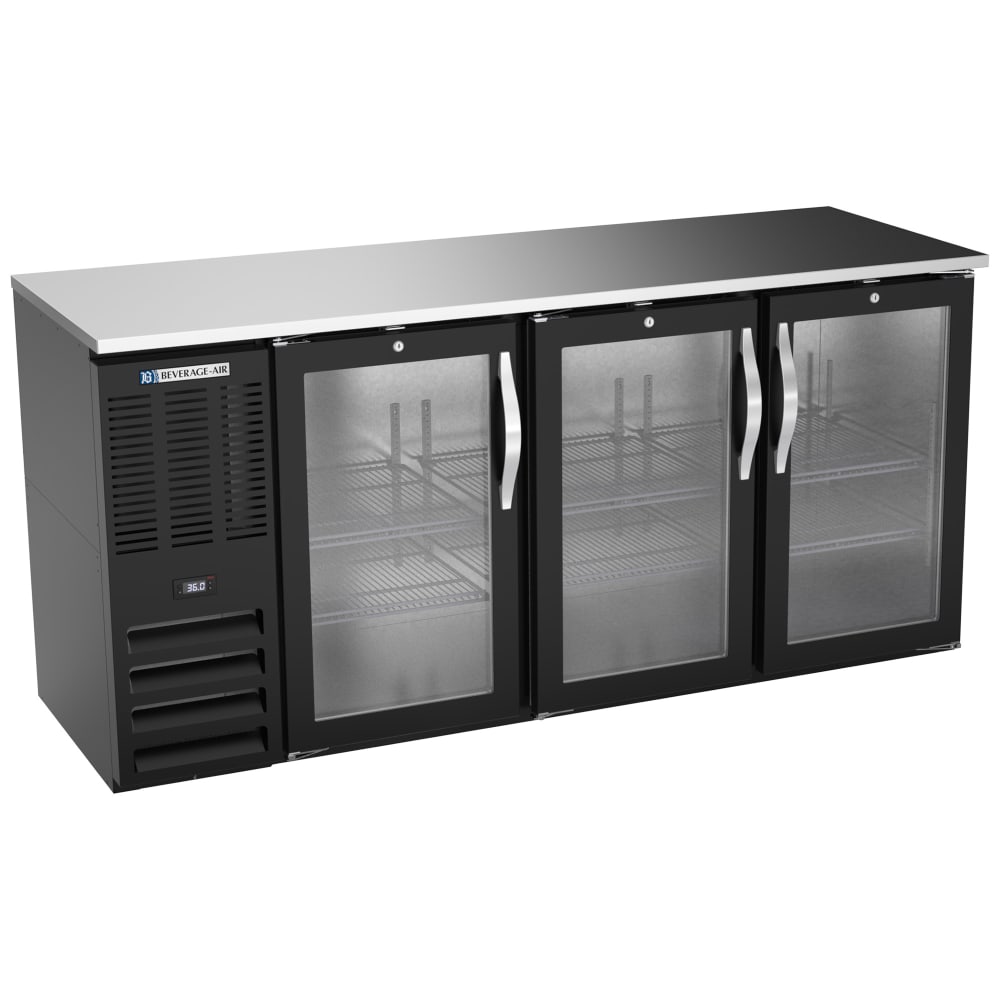 Beverage-Air BBN72HC-G-B 72" Bar Refrigerator - 3 Swinging Glass Doors, Black, 115v