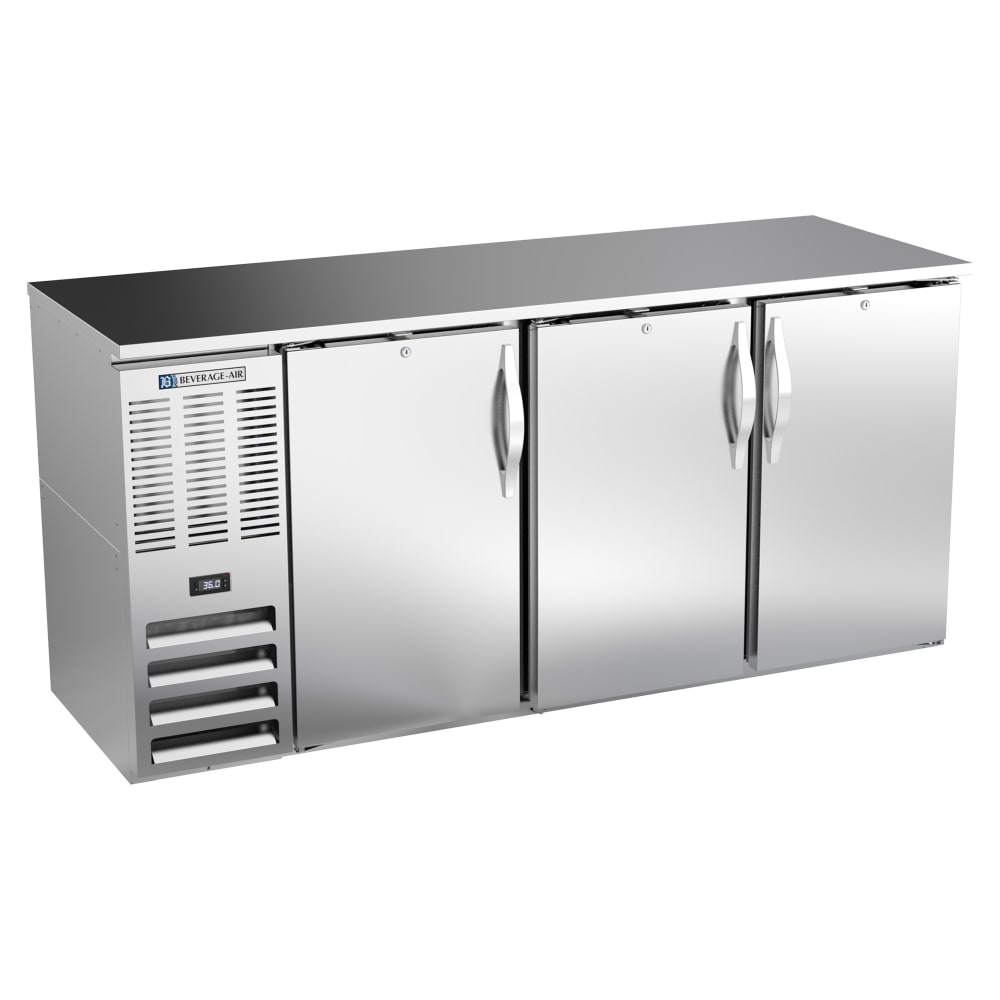 Beverage-Air BBN72HC-S 72" Bar Refrigerator - 3 Swinging Solid Doors, Stainless, 115v