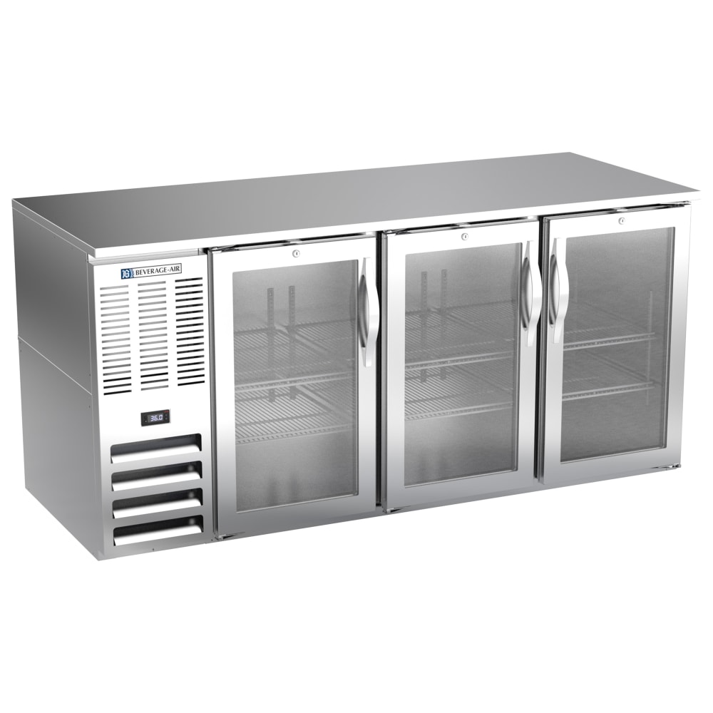Beverage-Air BB72HC-FG-S 72" Bar Refrigerator - 3 Swinging Glass Doors, Stainless, 115v