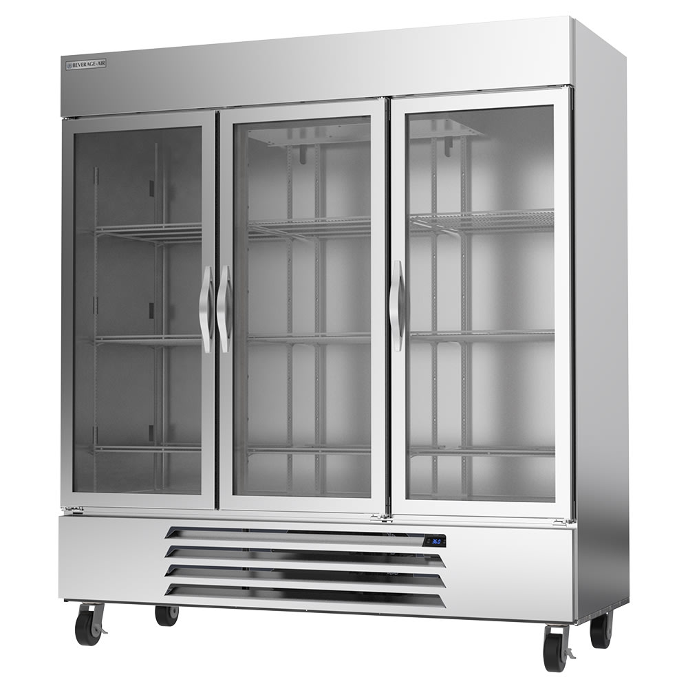 Beverage-Air HBR72HC-1-G 75" Three Section Reach In Refrigerator, (3) Left/Right Hinge Glass Doors, 115v