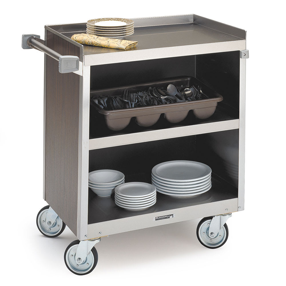 Lakeside 822 31 1/4"L Metal Bus Cart w/ (3) Levels, Shelves, Walnut