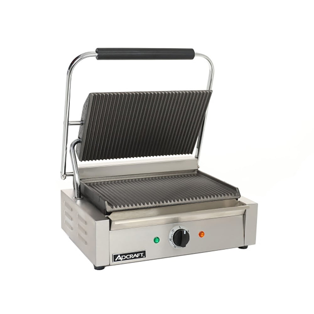 Adcraft SG-811E Single Commercial Panini Press w/ Cast Iron Grooved Plates, 120v