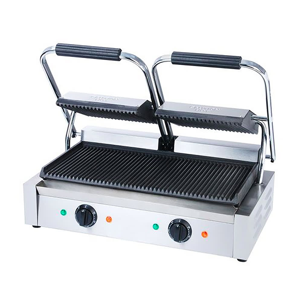 Adcraft SG-813 Double Commercial Panini Press w/ Cast Iron Grooved Plates, 120v