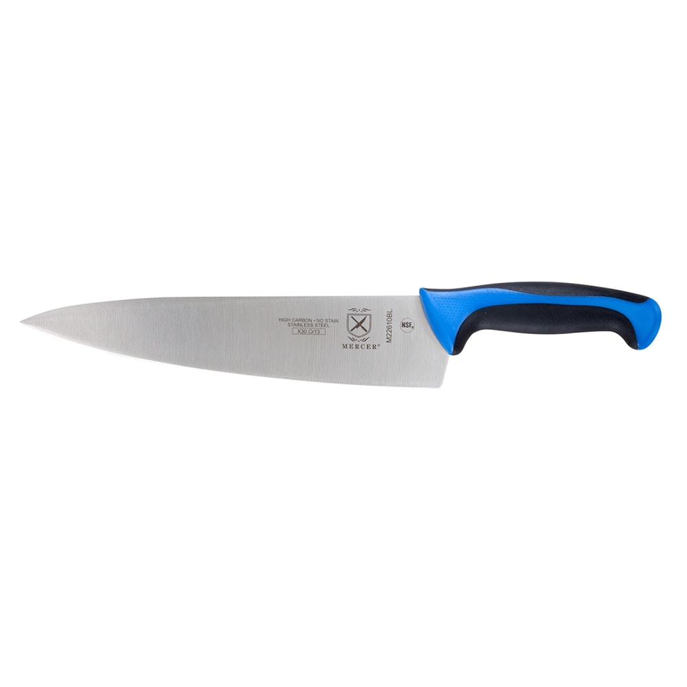 Mercer Culinary M22610BL 10" Chef's Knife w/ Blue Santoprene®/Polypropylene Handle, High Carbon Japanese Steel