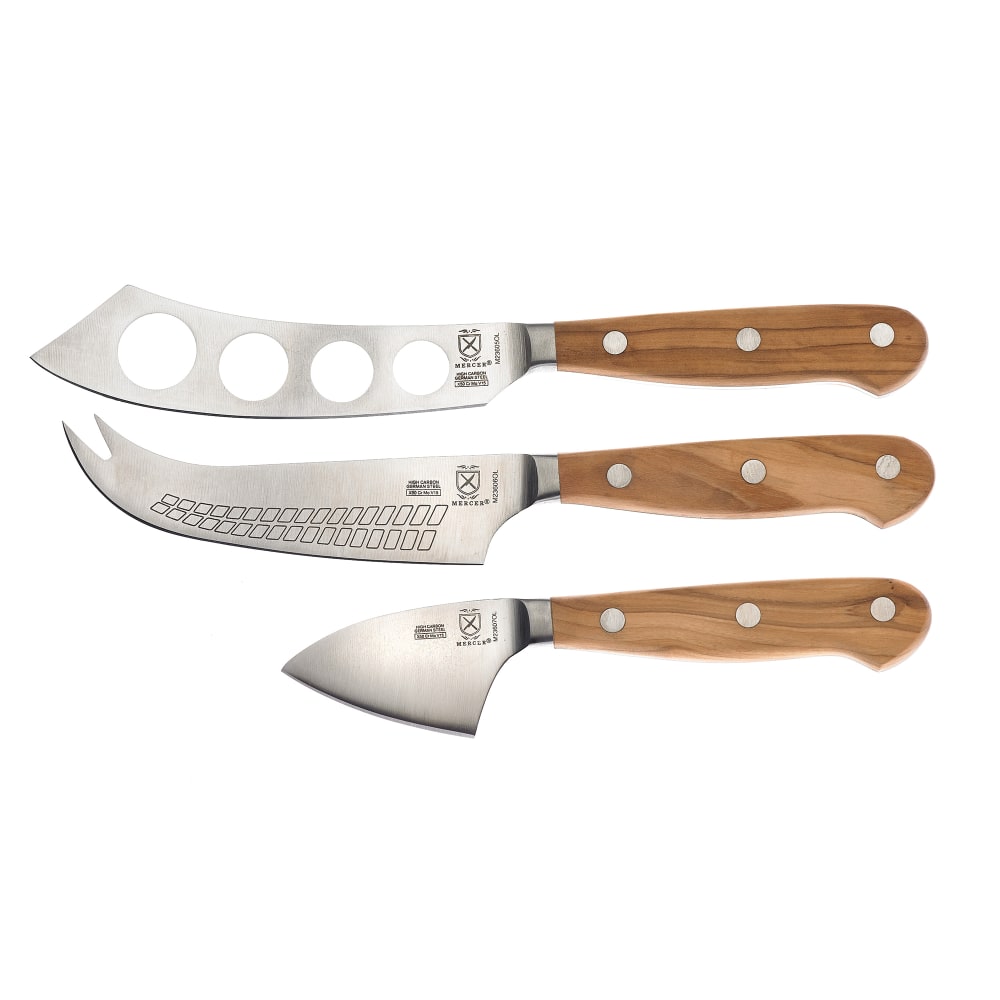 Mercer Culinary M23608OL 3 Piece Cheese Knife Set w/ Olive Wood Handle, High Carbon German Steel