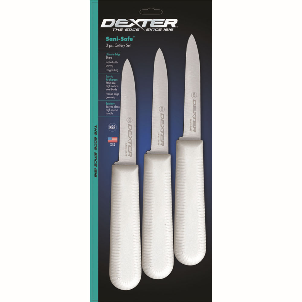 Dexter Russell S104-3PCP SANI-SAFE® 3 1/4" Paring Knife Set w/ Polypropylene White Handle, Carbon Steel