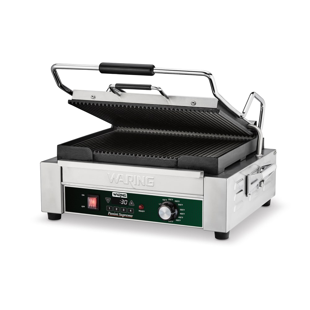 Waring WPG250TX Single Commercial Panini Press w/ Cast Iron Grooved Plates - 120v