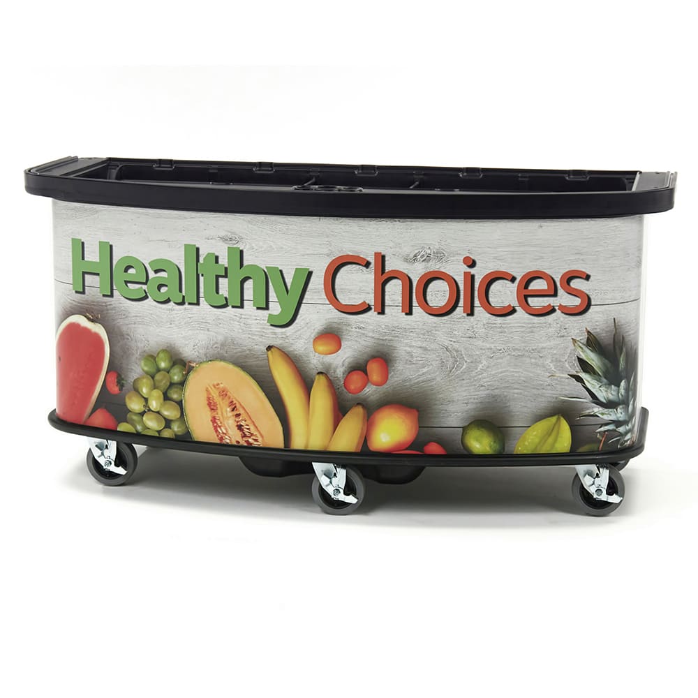 Cambro CVC75BW14 75"W Open Well Vending Cart w/ Umbrella Hole - Polyethylene, Healthy Choices" Wrap