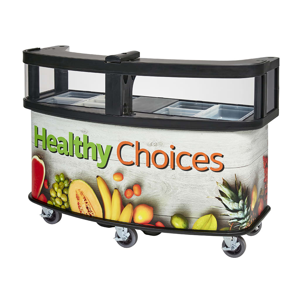 Cambro CVC75W14 75"W Open Well Vending Cart w/ Safety Barrier & Umbrella Hole - Polyethylene, Healthy Choices" Wrap