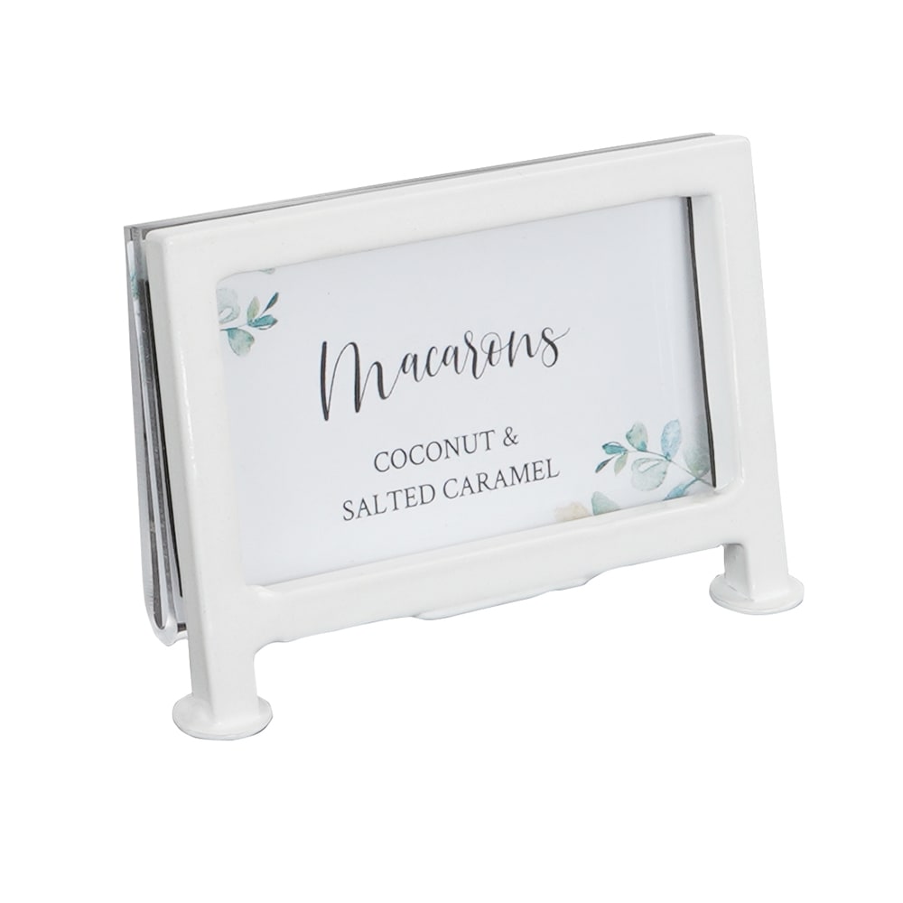 Cal-Mil 1262-15 Tabletop Menu Card Holder - 3 1/2" x 2", Acrylic/White Iron Frame