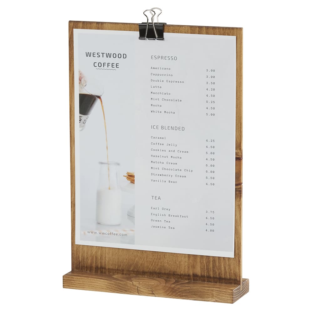 Cal-Mil 2036-811-99 Tabletop Clipboard Menu Card Holder - 9 1/4"W x 13 1/2"H, Pine Wood