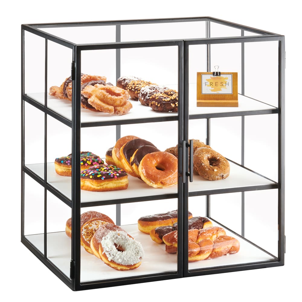 Cal-Mil 22021-13 3 Tier Pastry Display Case w/ Swing Doors - 21"W x 18 1/4"D x 23"H, Acrylic/Steel, Black