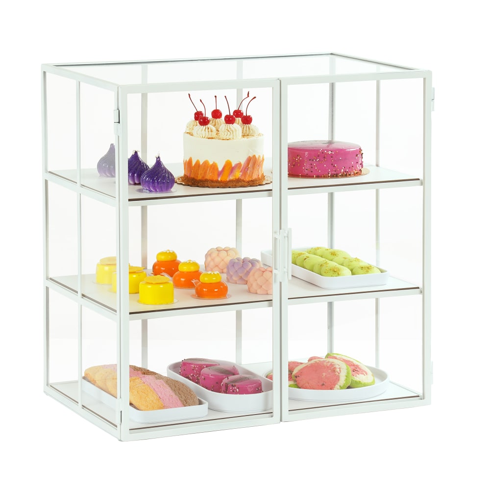 Cal-Mil 22116-15 3 Tier Pastry Display Case w/ Swing Doors - 26 1/2"W x 17"D x 26 3/4"H, Acrylic/Steel, White