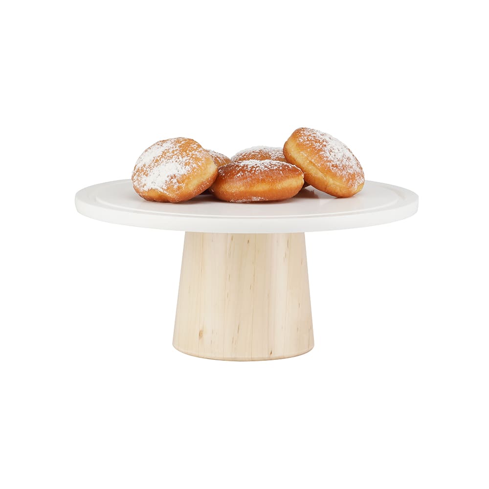 Cal-Mil 22378-125-71 12" Round Cake Stand w/ White Corian Plate - 5"H, Maple Wood Base