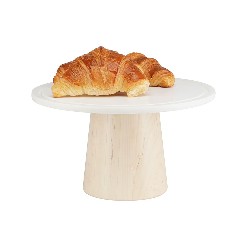 Cal-Mil 22378-127-71 12" Round Cake Stand w/ White Corian Plate - 7"H, Maple Wood Base