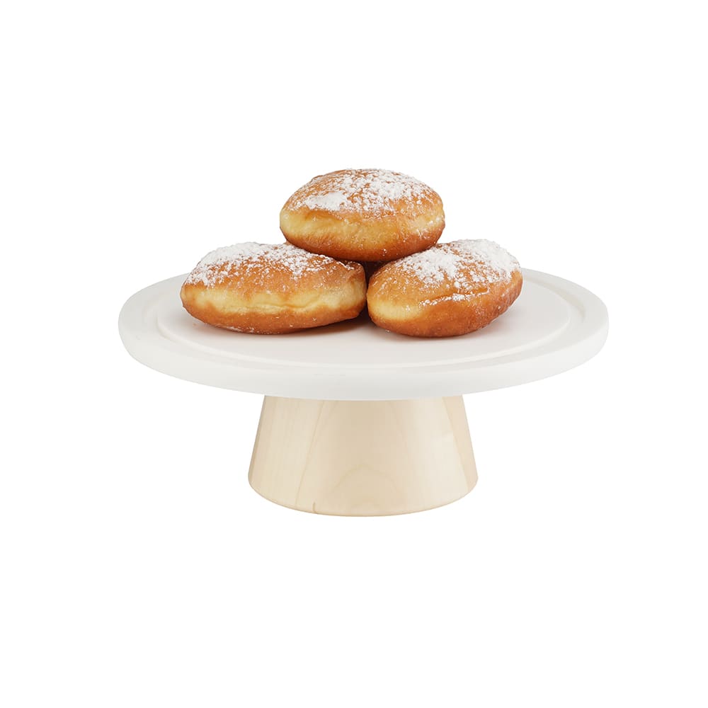 Cal-Mil 22378-93-71 9" Round Cake Stand w/ White Corian Plate - 3 1/2"H, Maple Wood Base