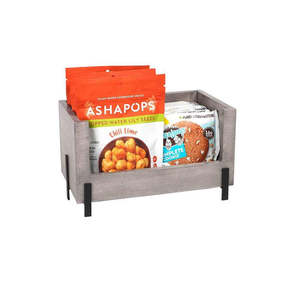 Cal-Mil 22407-1210-110 Rectangular Stacking Display Bin - 12"W x 10"D x 6"H, Gray Washed Pine Wood/Black Metal Accents