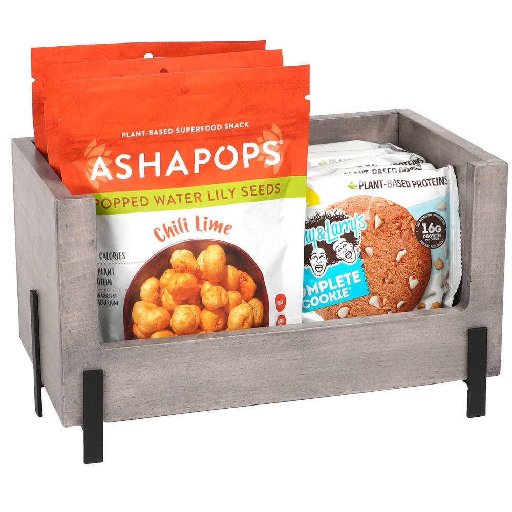 Cal-Mil 22407-12-110 Rectangular Stacking Display Bin - 12"W x 6"D x 7"H, Gray Washed Pine Wood/Black Metal Accents