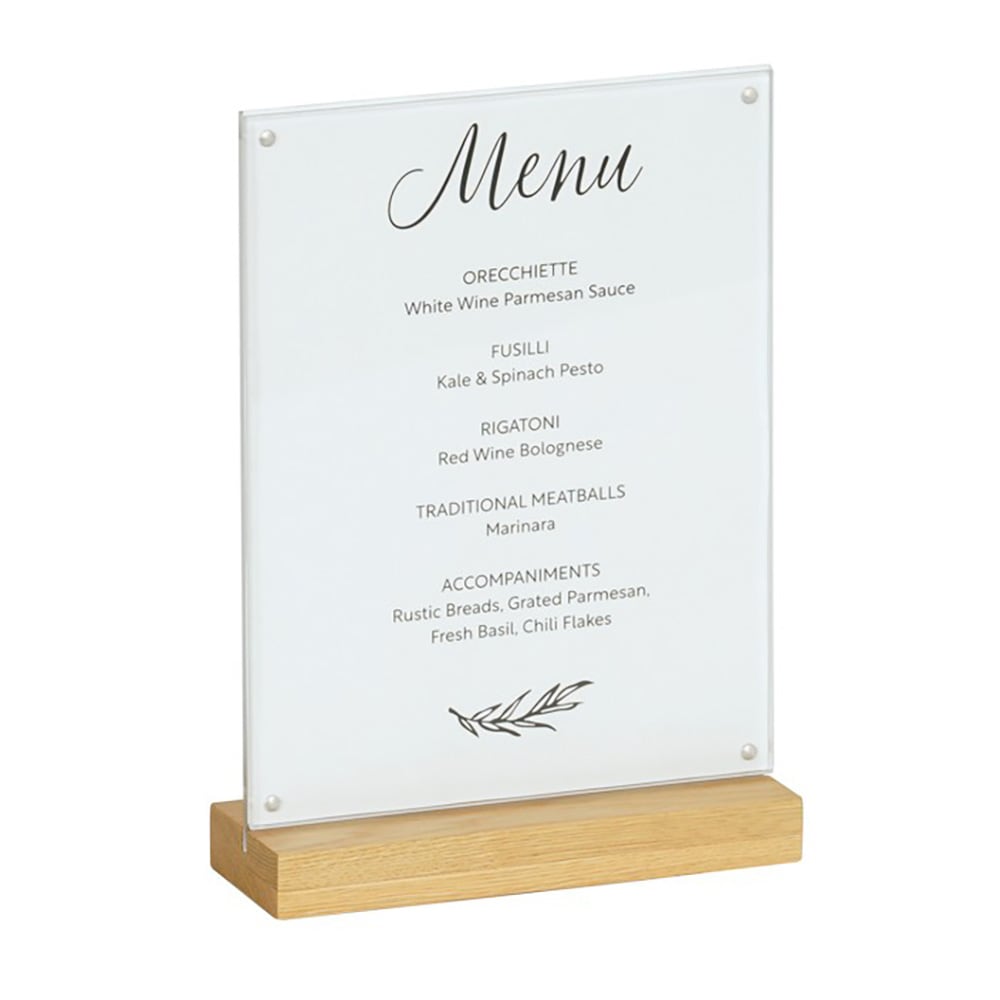 Cal-Mil 23185-811-21 Tabletop Menu Card Holder - 8 1/2" x 12 1/4", Acrylic/Oak