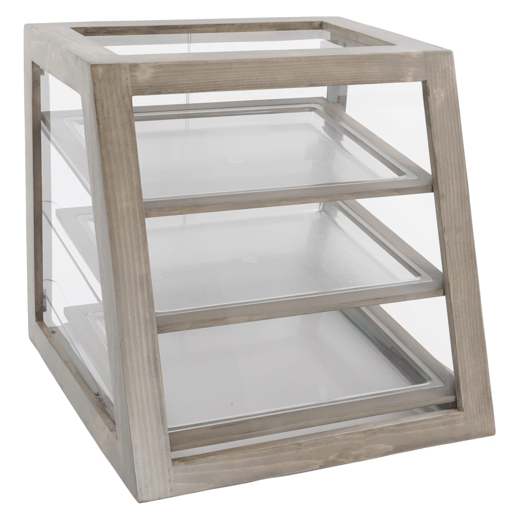 Cal-Mil 3432-110 3 Slanted Tier Full Service Pastry Display Case - 21"W x 21 1/2"D x 21 1/2"H, Pine Wood, Gray Wash