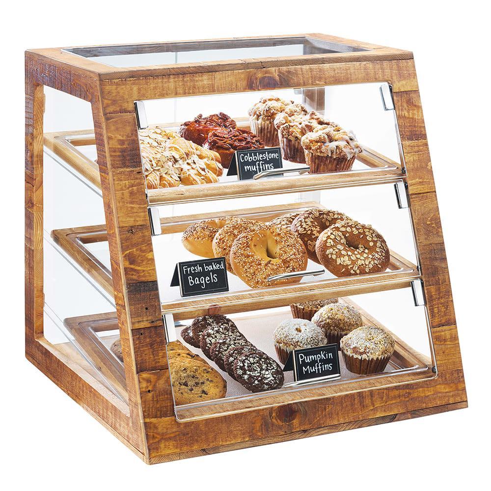 Cal-Mil 3432-99 3 Tier Pastry Display Case w/ Rear Doors - Plastic Case, Reclaimed Wood Frame