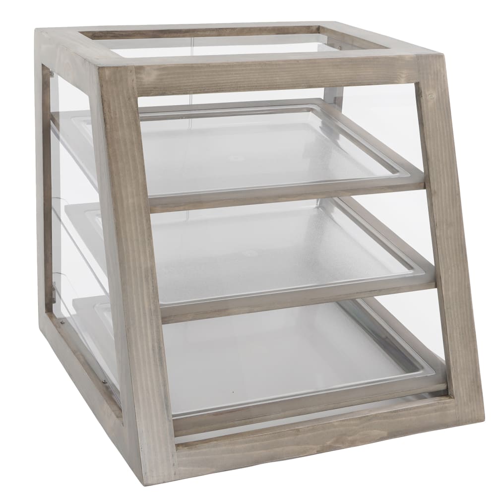 Cal-Mil 3432-S-110 3 Slanted Tier Self Service Pastry Display Case - 21"W x 21 1/2"D x 21 1/2"H, Pine Wood, Gray Wash