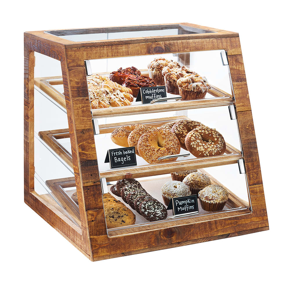 Cal-Mil 3432-S-99 3 Tier Pastry Display Case w/ Front Doors - Plastic Case, Reclaimed Wood Frame