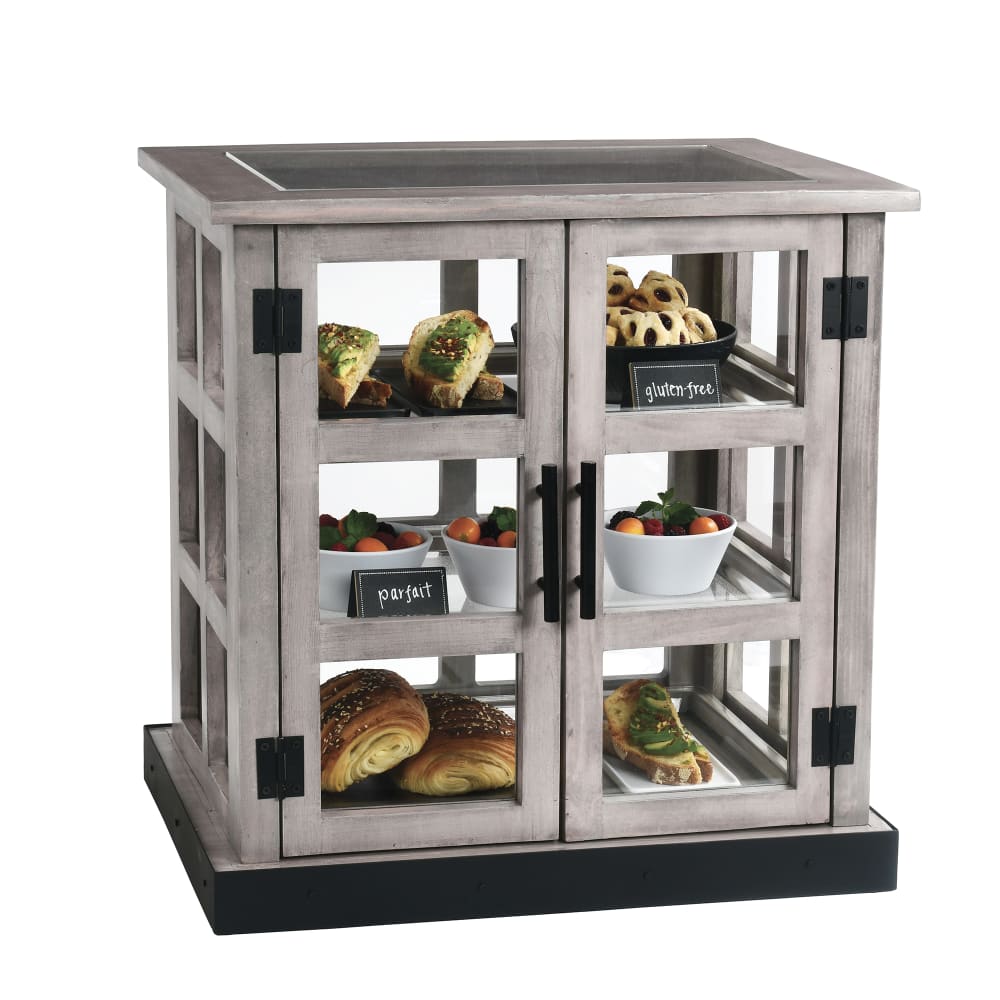 Cal-Mil 3621-110 3 Tier Pastry Display Case w/ Hinged Doors - 25"W x 17"D x 23"H, Gray Washed Paneled/Clear Top