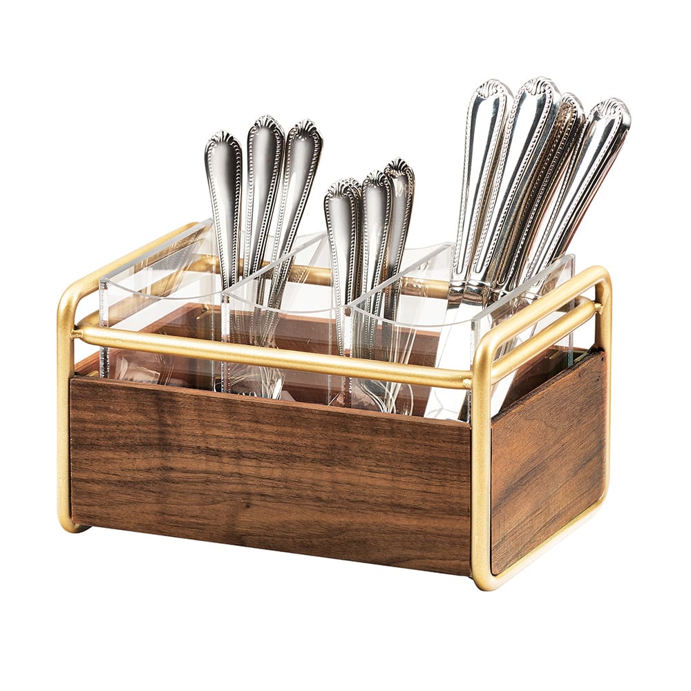 Cal-Mil 3700-46 3 Compartment Flatware Holder - 9 1/2"L x 6 1/2"W x 5 1/2"H, Walnut/Brass
