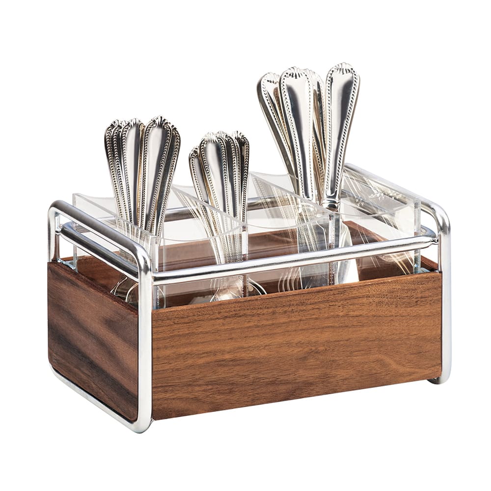 Cal-Mil 3700-49 3 Compartment Flatware Holder - 9 1/2"L x 6 1/2"W x 5 1/2"H, Walnut/Chrome
