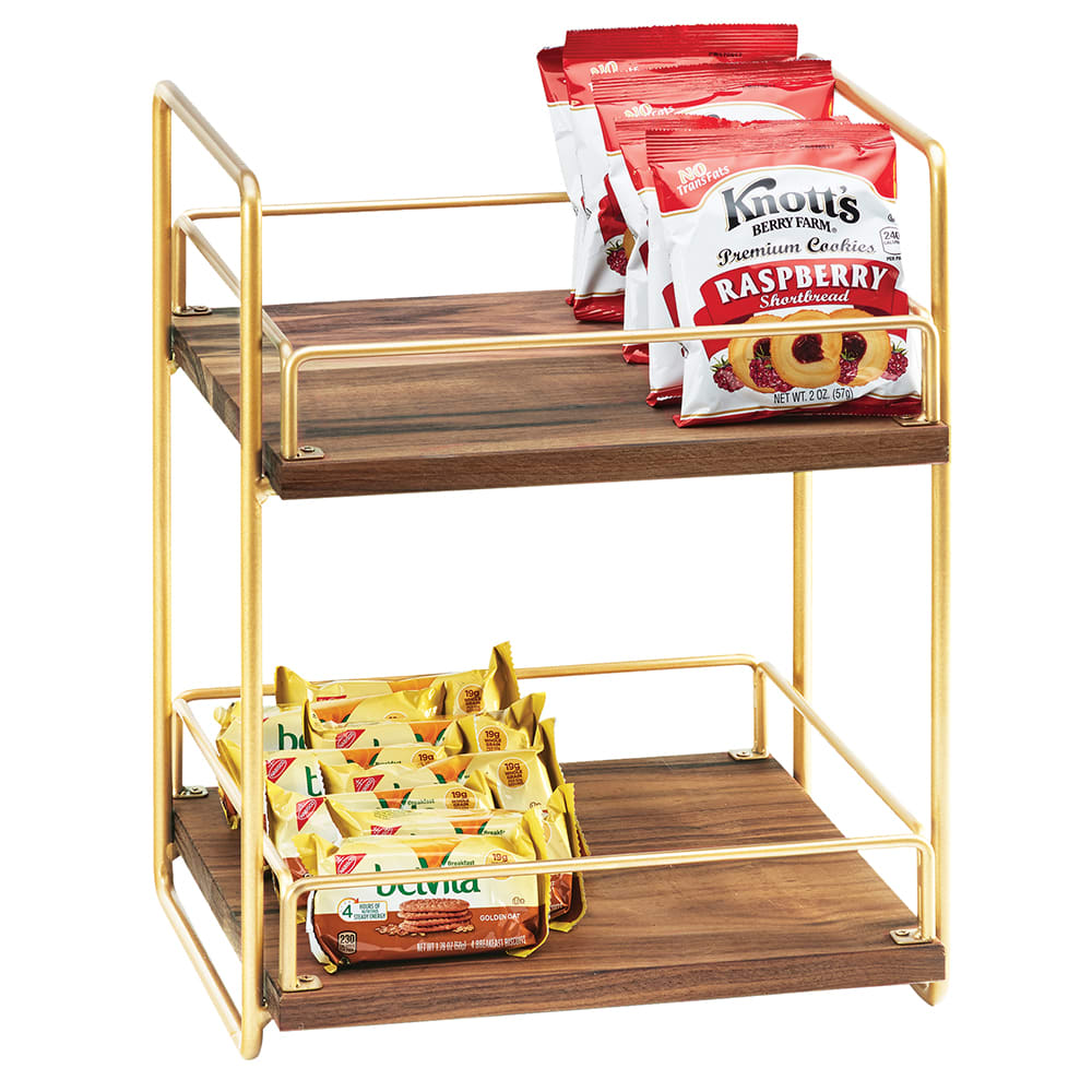 Cal-Mil 3704-2-46 2 Tier Display Stand w/ Adjustable Wood Shelves - 13"W x 12"D x 16 1/2"H, Brass