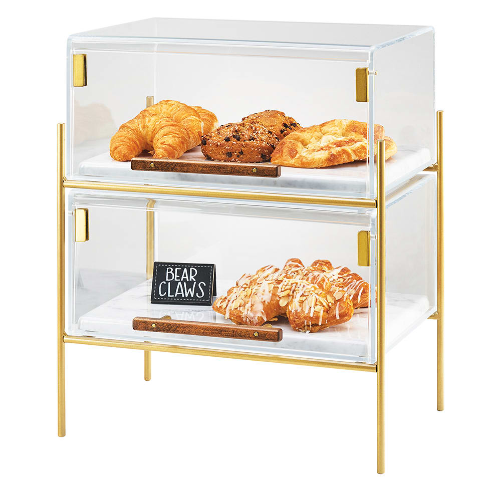 Cal-Mil 3706-1511-46 2 Tier Pastry Display Case w/ Lift Up Doors - Plastic Case, Brass Frame