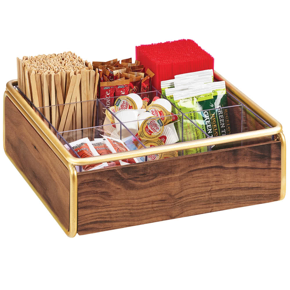 Cal-Mil 3707-46 9 Compartment Condiment Organizer - 12" x 12" x 4 1/2", Walnut/Brass