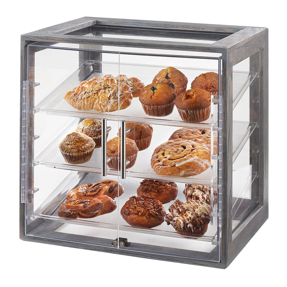 Cal-Mil 3838-83 3 Tier Pastry Display Case w/ Hinged Doors - Plastic Case, Ash Gray Wood Frame