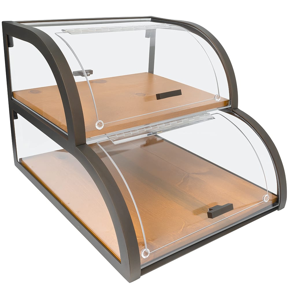 Cal-Mil 3931-S-84 2 Tier Pastry Display Case w/ Wood Trays - Plastic Case, Bronze Frame