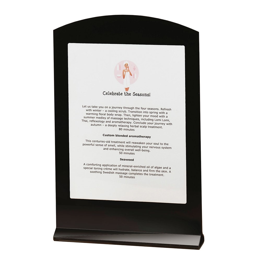 Cal-Mil 633 Tabletop Menu Card Holder - 8 1/2" x 11", Acrylic, Black