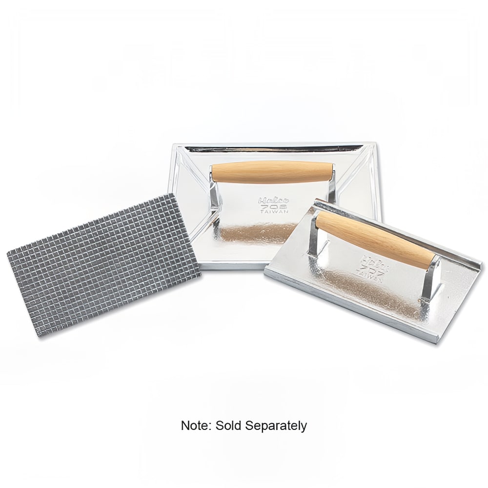 Browne Steak Weight, 8 3/4 x 4 3/4 in, Aluminum, Ribbed Bottom, Wooden Handle (705)