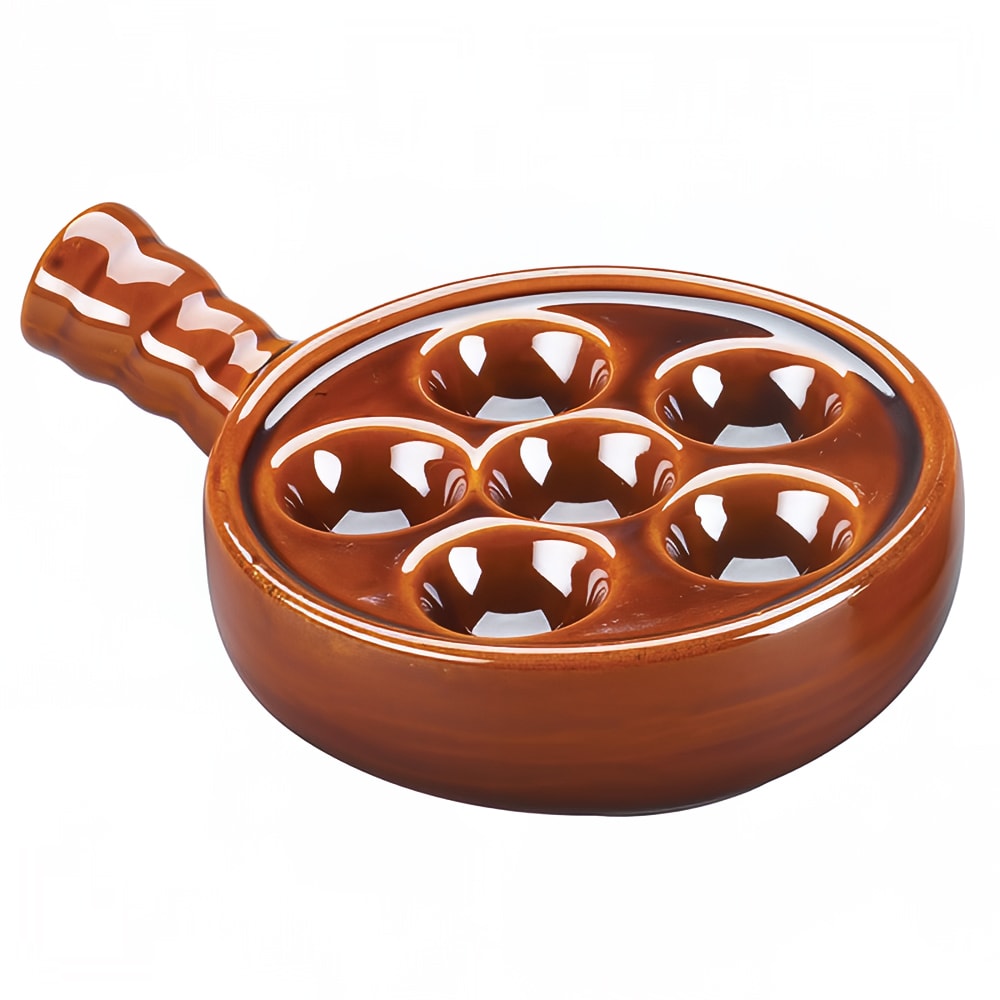 Browne 5 3/10" Round Escargot Plate w/ Handle - 6 Holes, Ceramic, Brown (744045)