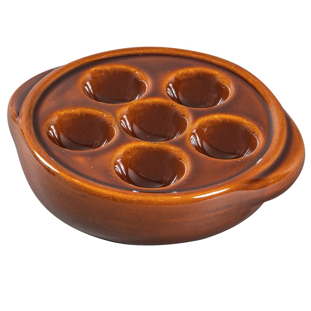 Browne 5 3/10" Round Escargot Plate - 6 Holes, Ceramic, Brown (744046)