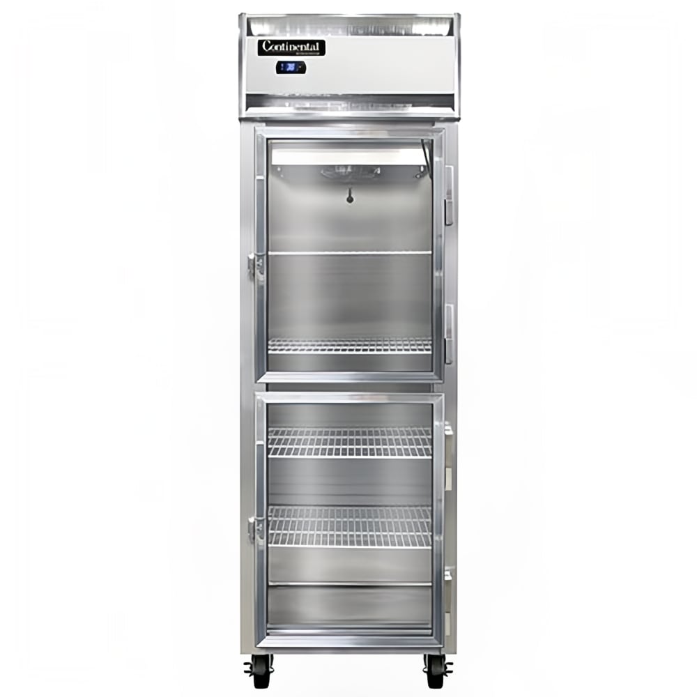 Continental 1RSNGDHD 26" One Section Reach In Refrigerator, (2) Right Hinge Glass Doors, Top Compressor, 115v