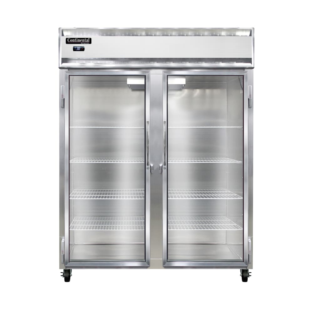 Continental 2RENGD 57" Two Section Reach In Refrigerator, (2) Left/Right Hinge Glass Doors, Top Compressor, 115v