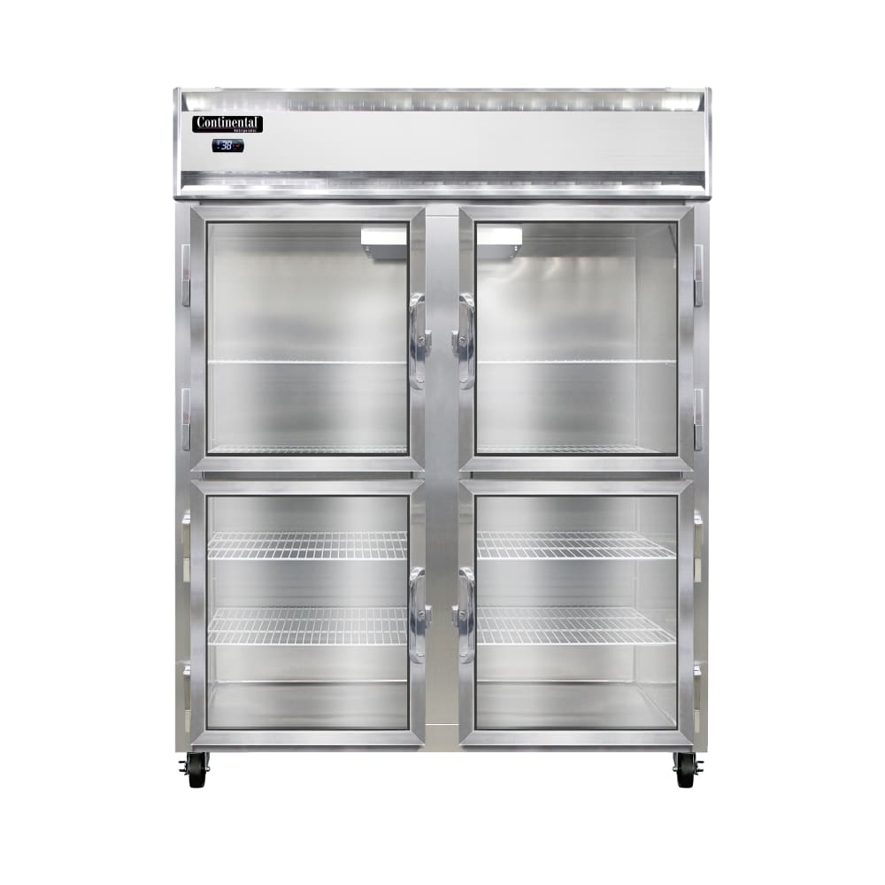 Continental 2RENGDHD 57" Two Section Reach In Refrigerator, (4) Left/Right Hinge Glass Doors, Top Compressor, 115v