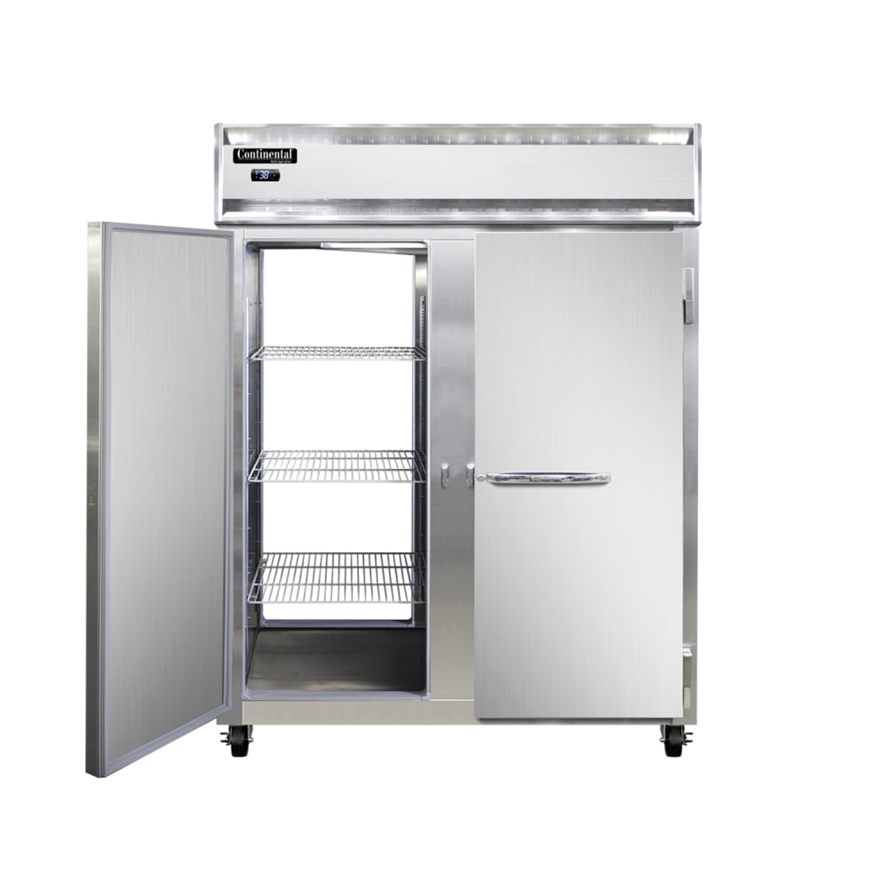 Continental 2RENPT 57" Two Section Pass Thru Refrigerator, (4) Left/Right Hinge Solid Doors, Top Compressor, 115v