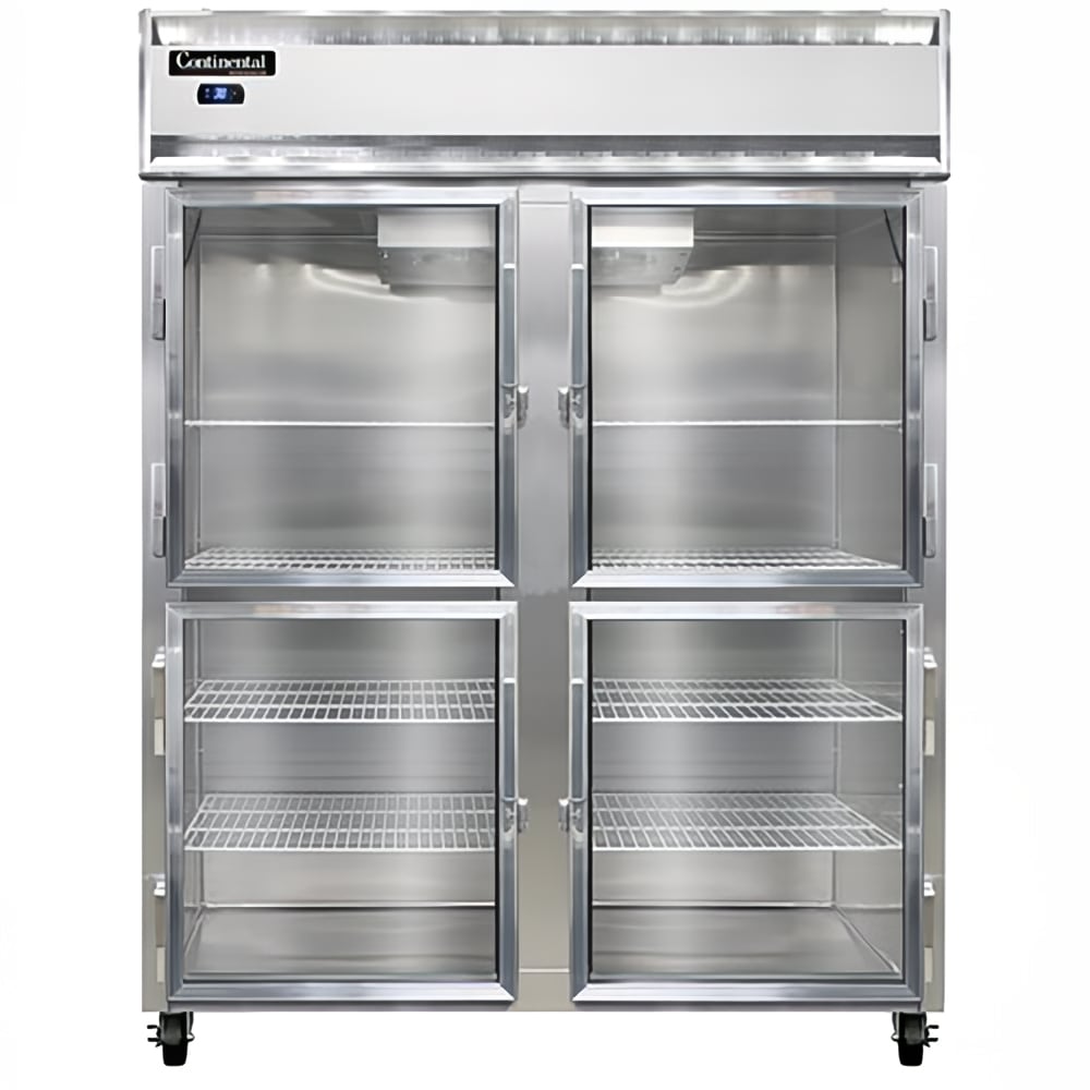 Continental 2RENSAGDHD 57" Two Section Reach In Refrigerator, (4) Left/Right Hinge Glass Doors, Top Compressor, 115v