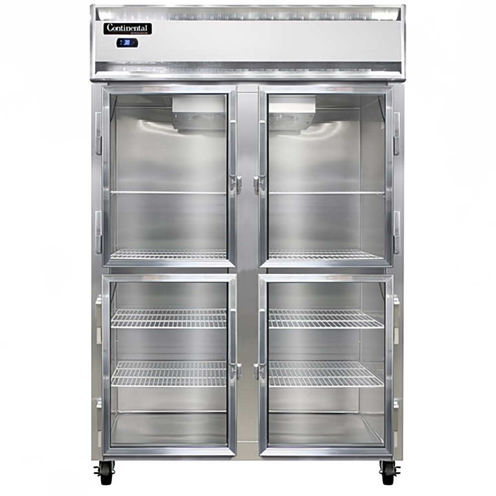 Continental 2RSNGDHD 52" Two Section Reach In Refrigerator, (4) Left/Right Hinge Glass Doors, Top Compressor, 115v
