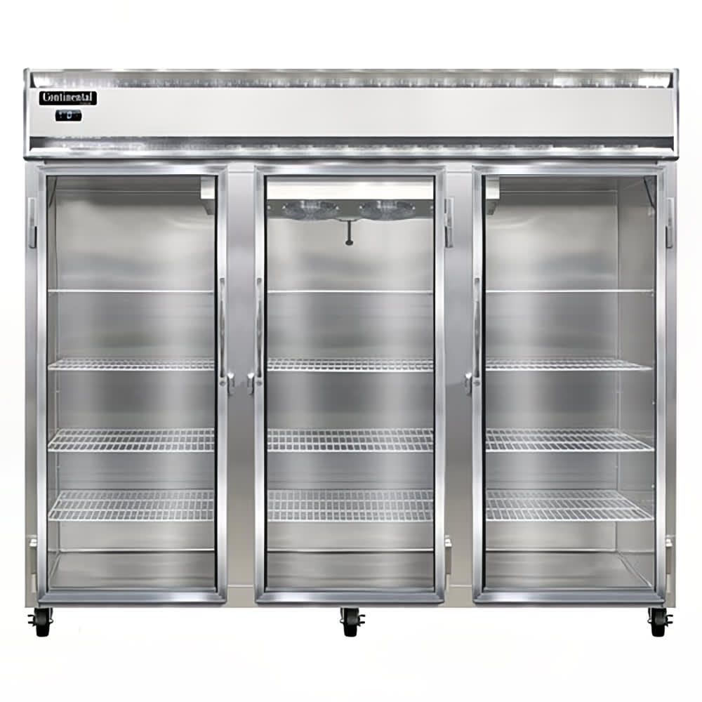 Continental 3FENSAGD 85 1/2" Three Section Reach In Freezer, (3) Left/Right Hinge Glass Doors, 115/208-230v